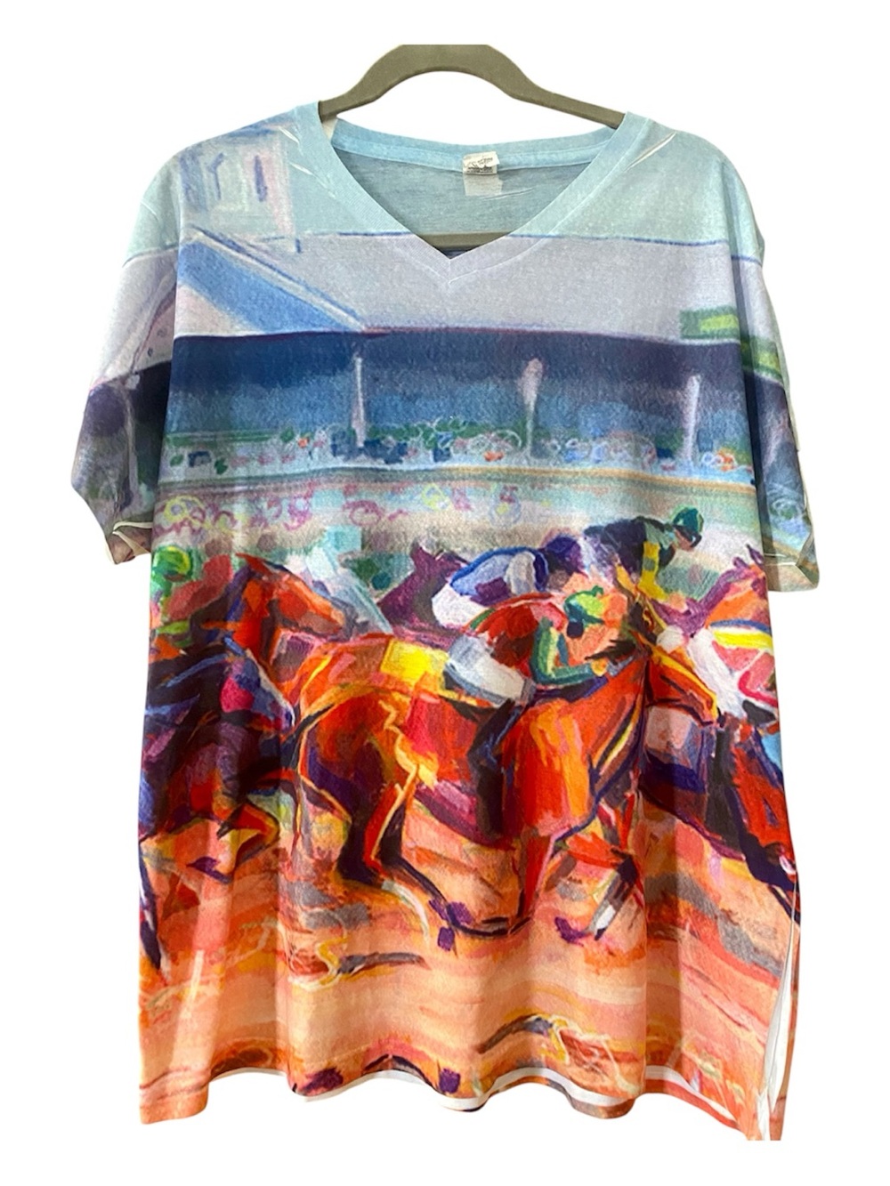 Sublivie Horse Racing Art Print V Neck Tee Colorful Jockey Graphics Top 2xl
